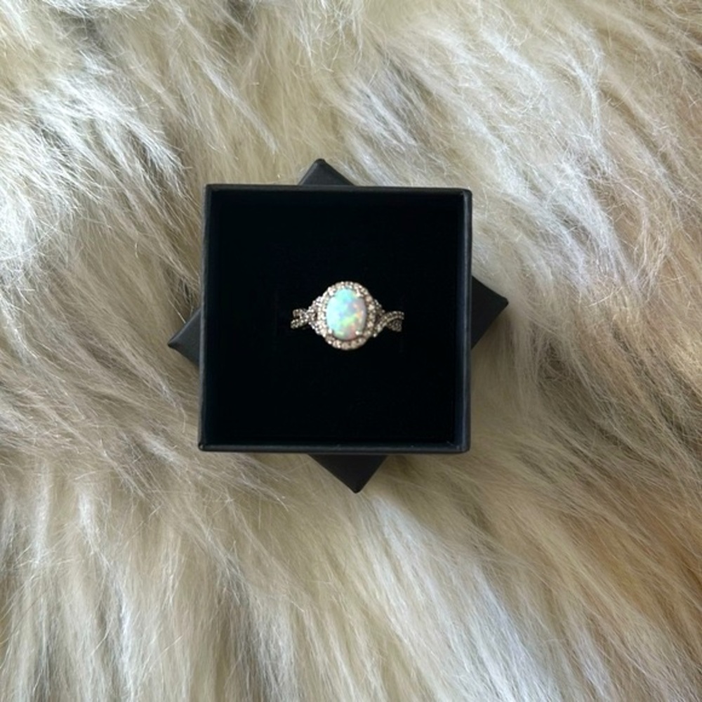 Oval-Cut Lab-Created Opal & White Lab-Created Sapphire Ring Sterling Silver